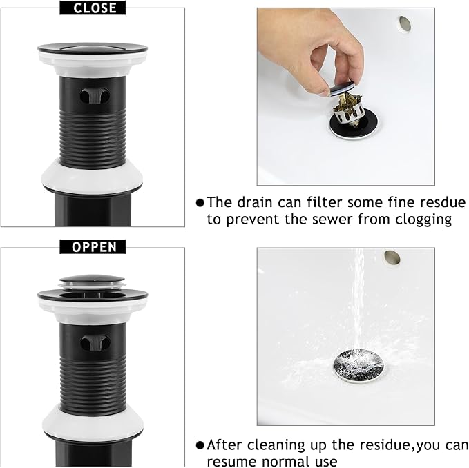 Bathroom Sink Drain,Drain Stopper Bathroom Sink with Overflow,Small Cap Pop Up Drain Assembly with Detachable Strainer Basket,Built-in Anti-Clogging, Stainless Steel Nut Matte Black