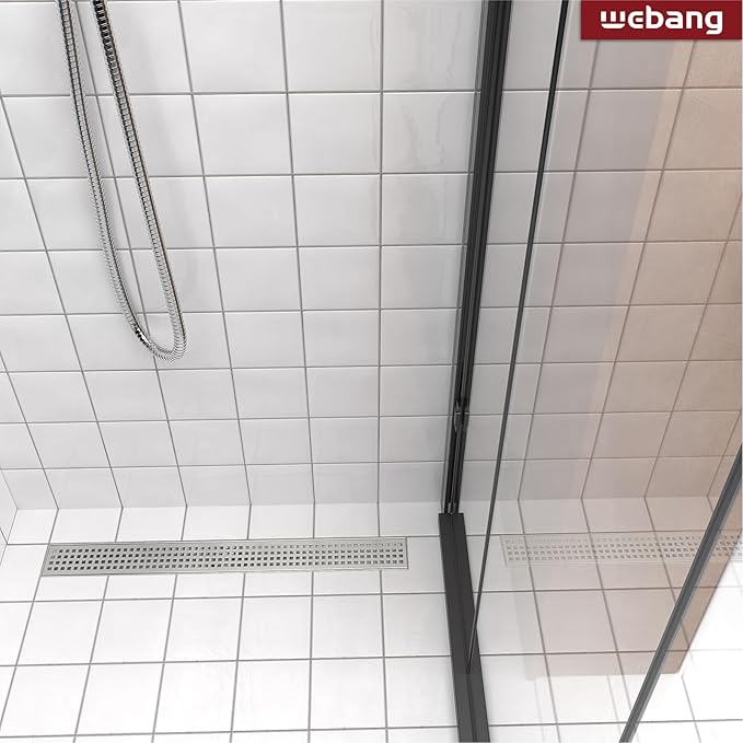WEBANG 28 Inch Linear Shower Drain Rectangular Floor Drain with Accessories Square Hole Pattern Cover Grate Removable SUS304 Stainless Steel CUPC Certified Brushed