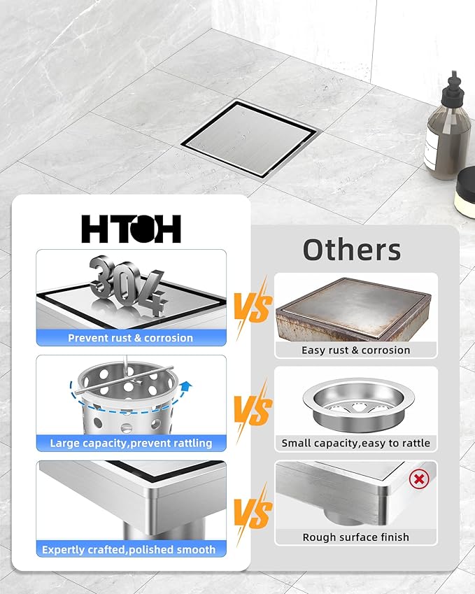 6 Inch Square Shower Drain, 2-in-1 Tiled Shower Drain - 304 Stainless Steel Square Shower Floor Drain for Bathroom, Brushed Nickel Drain Shower with Tile Insert Grate Removable, Hair Strainer