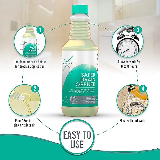 XionLab Safer, Greener Drain Clog Remover β Industrial-Strength Liquid Drain Cleaner for Hair & Grease β Septic Safe, Odorless, Biodegradable for Bathroom Sink, Bath Tub, & Shower Drain β 32 oz