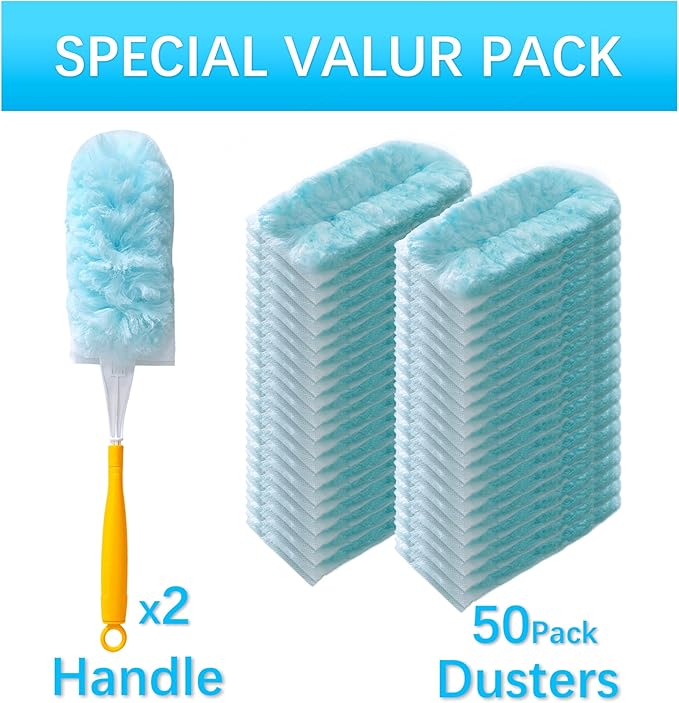 50 Count Duster Refills for Swiffer Dusters with 2 Handle, 360° Heavy Duty Duster for Swiffer Duster Refill,4X Microfibers Disposable Duster Refills Kit for Cleaning Home, Office, Corners, Blinds