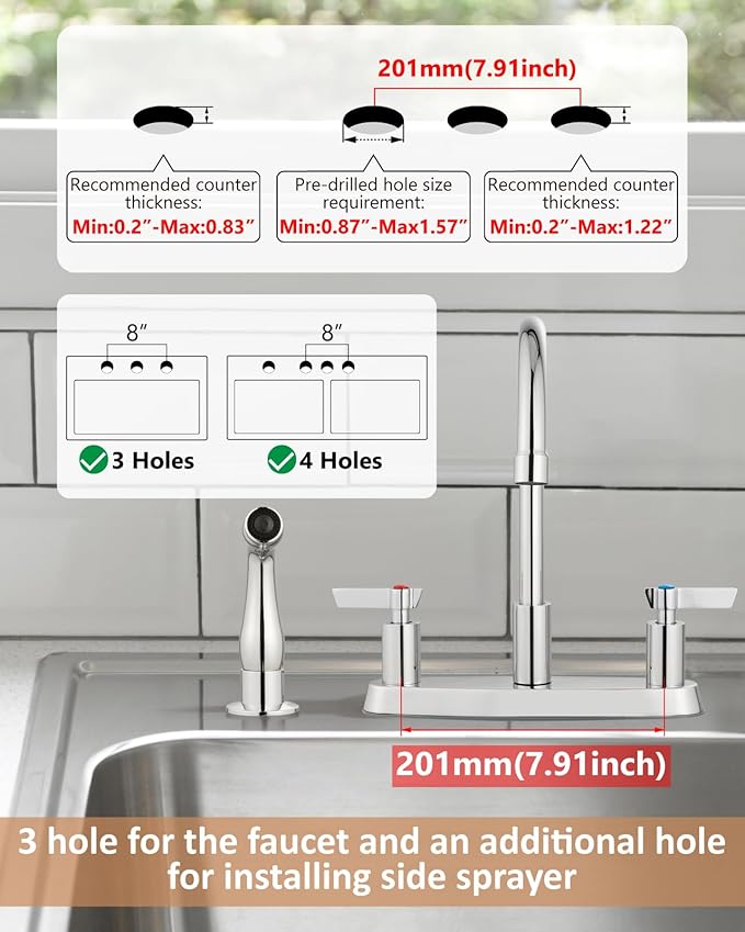 Kitchen Faucet with Sprayer 2 Handle Kitchen Sink Faucets 8 Inch Centerset 3 Hole with Supply Lines Polish Chrome
