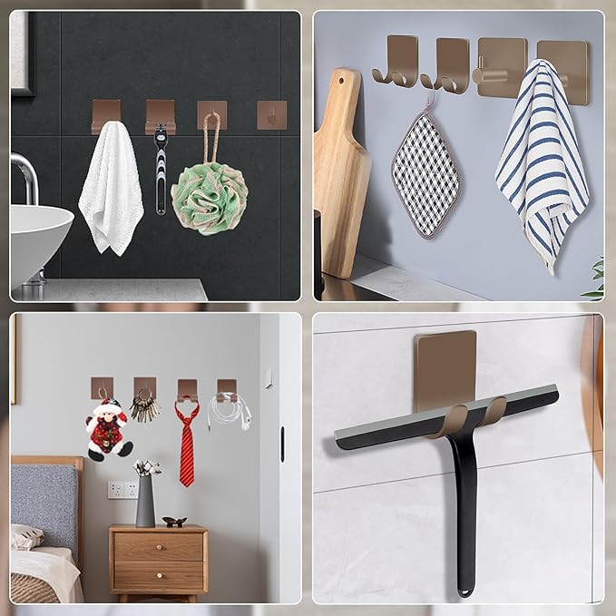 CGBE 4 Pack Shower Hooks - Self Adhesive Shaver Holder Hanger for Bathroom, Damage Free Wall Hooks for Razor, Loofah Sponge - Brown