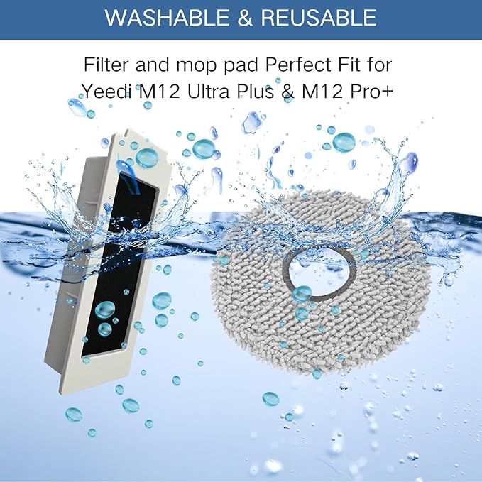 Replacement Accessories Parts Kit Compatible with Yeedi M12 Ultra Plus M12 Pro Plus + Includes 8 Dust Bags, 8 Mop Pads, 8 Filters, 6 Side Brushes, 2 Main Brushes