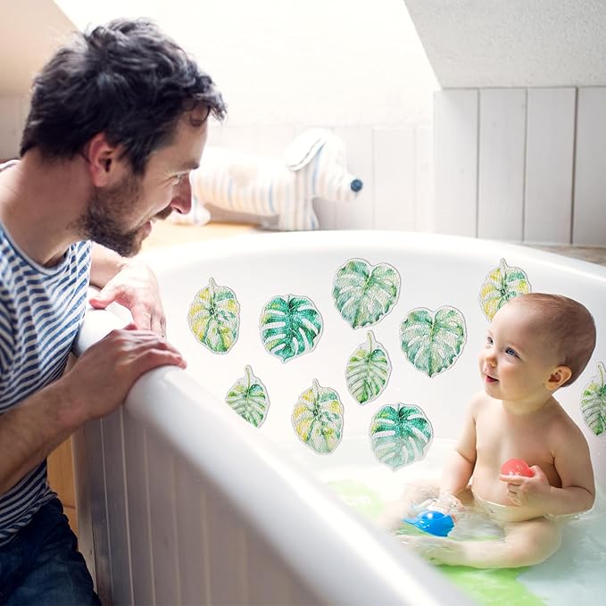 32 Pcs Cute Non Slip Bathtub Stickers for Shower Colorful Bathroom Anti Slip Shower Stickers Floor Applique Adhesive Decals with Scraper for Bathtub Bathroom Floor Pools(Monstera Deliciosa)
