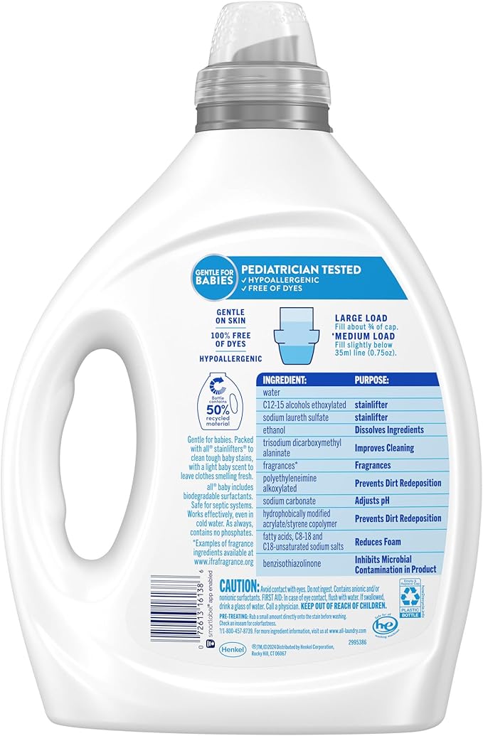 all Baby,Gentle for Baby,Liquid Laundry Detergent,Hypoallergenic for Sensitive Skin,Concentrated,75oz,100 Loads,(Pack of 2)