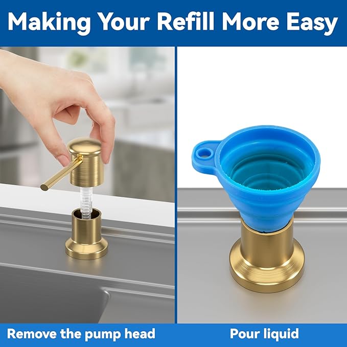 Dish Soap Dispenser, Kitchen Sink Soap Dispenser Pump with 17 OZ Bottle, Refill from The Top, Wide Pump Head Base (Golden)