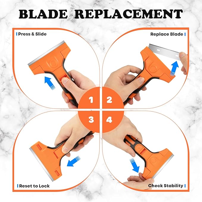 Razor Blade Scraper, Scraper Tool with 15 PCS SK5 Steel Blades, Razor Scraper, Ergonomic Handle with Blade Storage Box, Scraper for Cleaning Windows, Glass, Oven, Stove, Kitchen, Floor, Paint