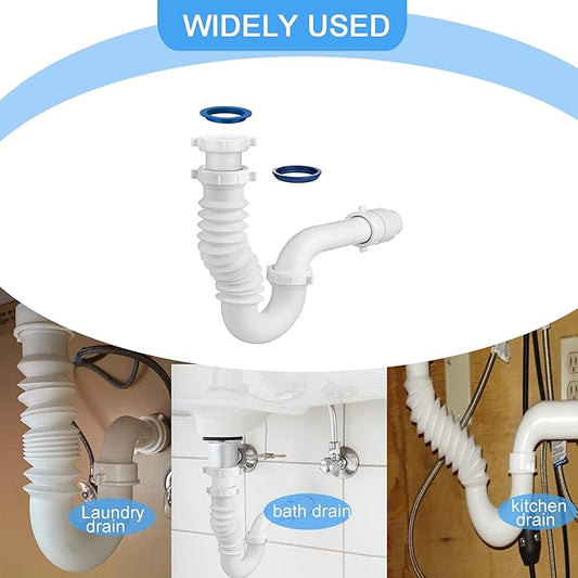 (1 Pack) Yariwiz White P Trap 1-1/2 Inch for Bathroom Kitchen Sink Drain Pipe Tubular Kit with Adjustable J-Bend, Tailpiece, Threaded Adapter and Blue TPE Washer KSD-008W