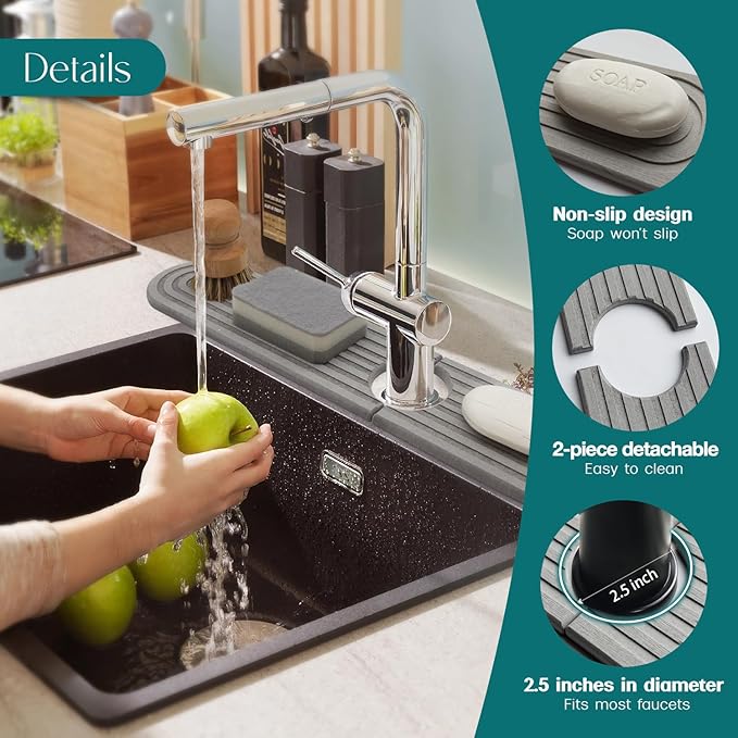 Faucet Mat for Kitchen Sink - Diatomaceous Earth Faucet Splash Guard, Fast Drying Sink Protector - Water Absorbing Stone for Bathroom Sink (Grey, 19.5'' x 3.9'')
