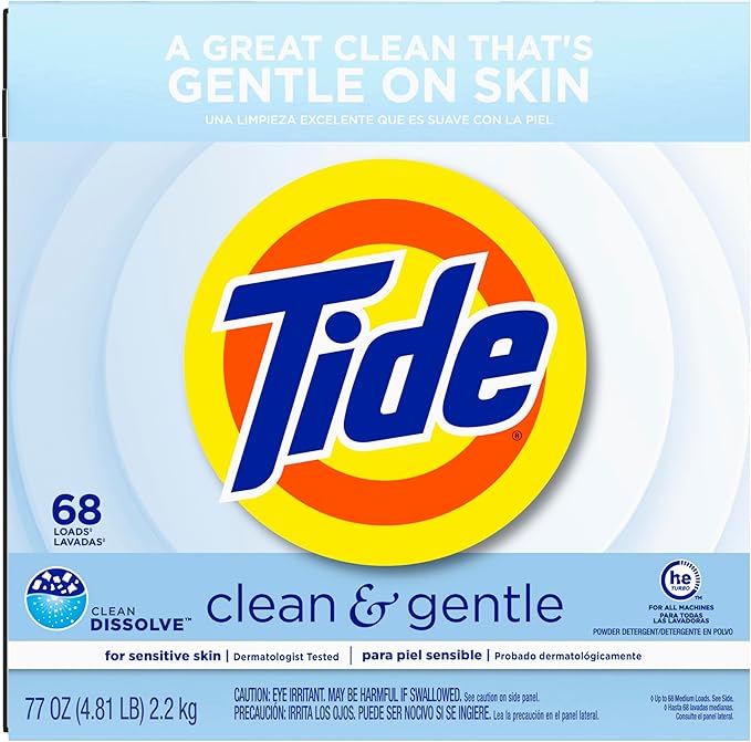 Tide Clean and Gentle Powder Laundry Detergent, Unscented, 68 Loads, 77 oz (Pack of 3)