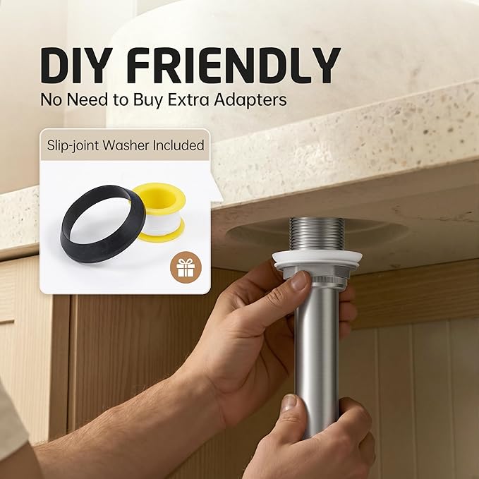 KES Extended Thread Bathroom Sink Drain, All Metal Pop Up Drain Stopper without Overflow for Thicker Vessel Sinks and Countertops, Brass and Stainless Steel Brushed Nickel, S2022D-BN