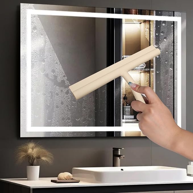 Shower Squeegee for Glass Doors, Full Silicone Jacketed Squeegee with Ergonomic Handle & No-Drill Hook, Cleaning Tool for Windows, Mirrors, Tiles, Bathroom & Car - Beige
