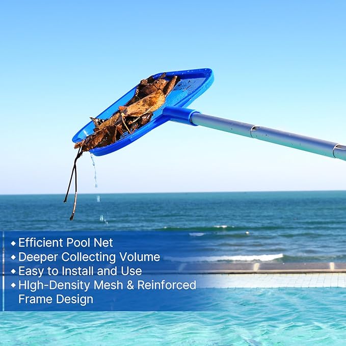 Pool Net - Pool Skimmer Net with 5 Section Detachable Poles, 22.2''- 59.1'', Skimmer Net with Fine Mesh Net, Pool Leaf Net