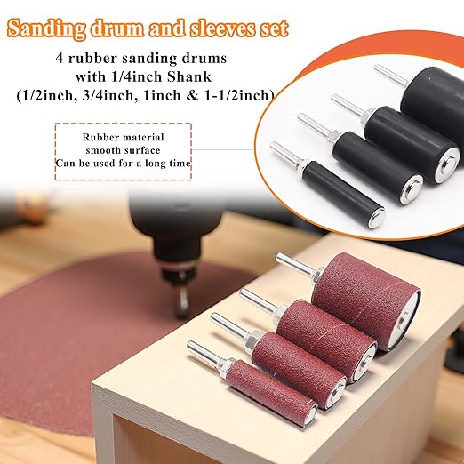 187-Piece Sanding Drum Kit for Drill & Drill Press – Includes 2inch Spindle Sander Sleeves (60/80/120/240 Grit), 4 Rubber Sanding Drums, 1/4-Inch Shank,Versatile Sander Accessory with Box