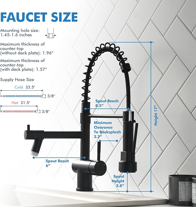 VFAUOSIT Matte Black Kitchen Faucet with LED Light – Commercial Spring Pull Down Dual Outlet, 360° Swivel Lower Spout + High Pressure Sprayer, Stainless Steel for RV Camper Laundry Sink