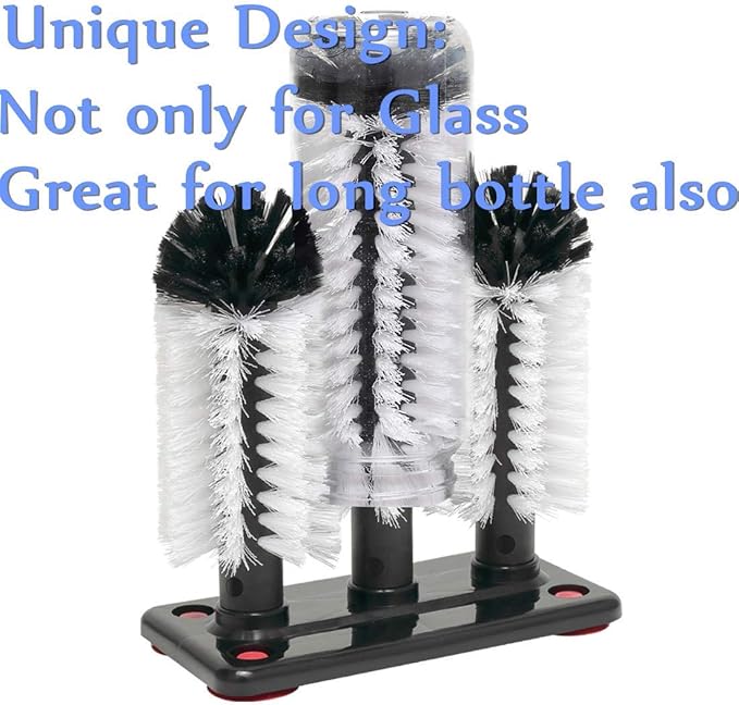 Water Bottle Cleaning Brush Glass Cup Washer with Suction Base 3 Head Bristle Brush for Beer Cup, Long Leg Cup, Red Wine Glass and More Bar Kitchen Sink Home Tools
