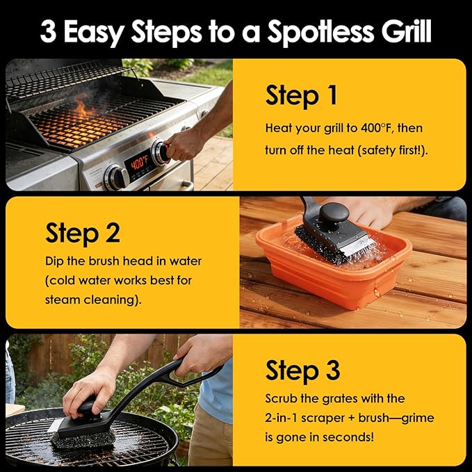 Bristle Free Silicone Grill Brush | BBQ Grill Cleaner for Gas Charcoal Cast Iron Grates | No Wire Food Safe Brush with Detachable Heads, Scraper & Collapsible Water Cup for Outdoor Camping BBQ