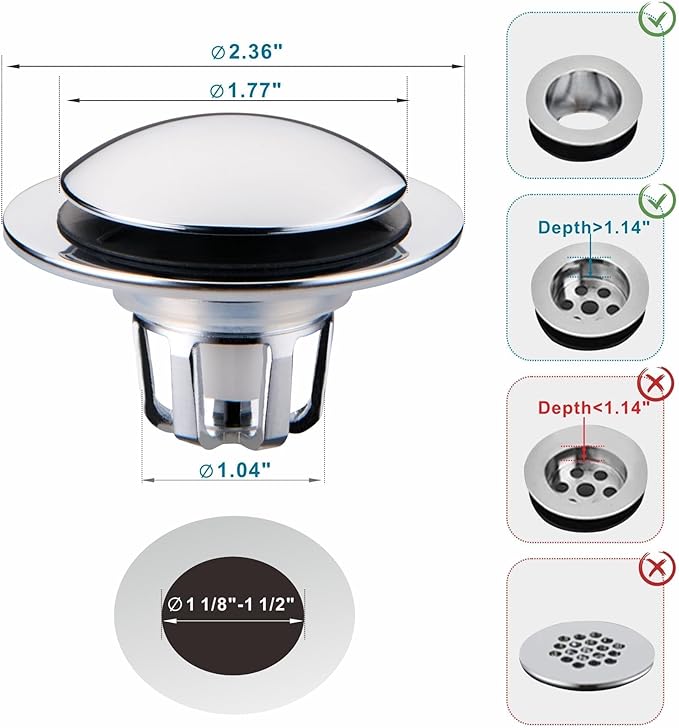 Chrome Bathroom Sink Drain Stopper,Welsan Universal Pop-Up Drain Stopper Plug Strainer with Hair Catcher for 1 1/8"-1 1/2" Drain Hole,Anti-Clogging Design Chrome Plated