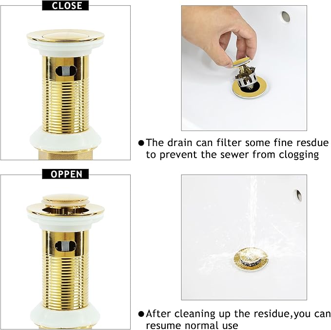 Bathroom Sink Drain,Drain Stopper Gold Stainless Steel Bathroom Sink Without Overflow,Small Cap Pop Up Drain Assembly with Detachable Strainer Basket,Built-in Anti-Clogging