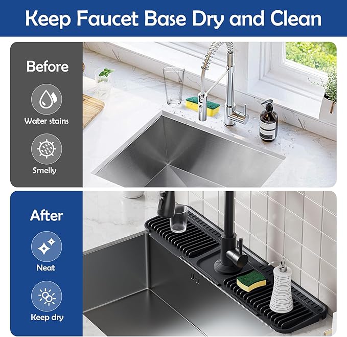 24"Longer Silicone Faucet Mat For Kitchen Sink Splash Guard -7° Slope Snap Lock- Sink Faucet Mat Splash Guard Kitchen Sink Area Silicone Sink Water Splash Guard Behind Faucet (Black, 24"x5.5")