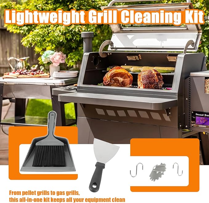 6 Piece Pellet Grill Ash Cleaning Kit, Includes 1 Dust Scoop, 1 Soft Bristle Brush, 1 Flat Scraper, 1 3D Scraper, 2 Hook