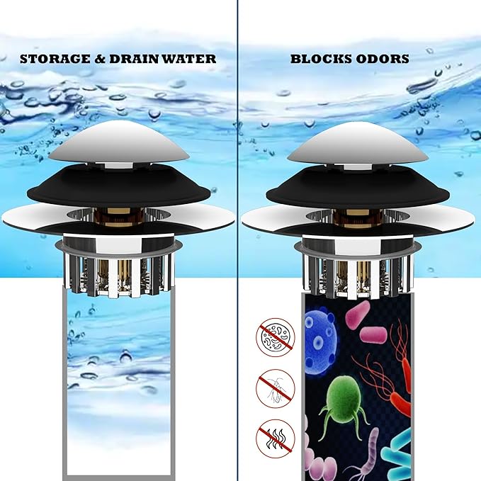Kitchen Sink Drain Strainer 3 in 1, 304 Stainless Steel Pop Up Sink Stopper, Anti-Clogging Drain Stopper, Strainers for Kitchen, Drain Cover & Kitchen Accessories for US Standard Sink (Smooth Silver)