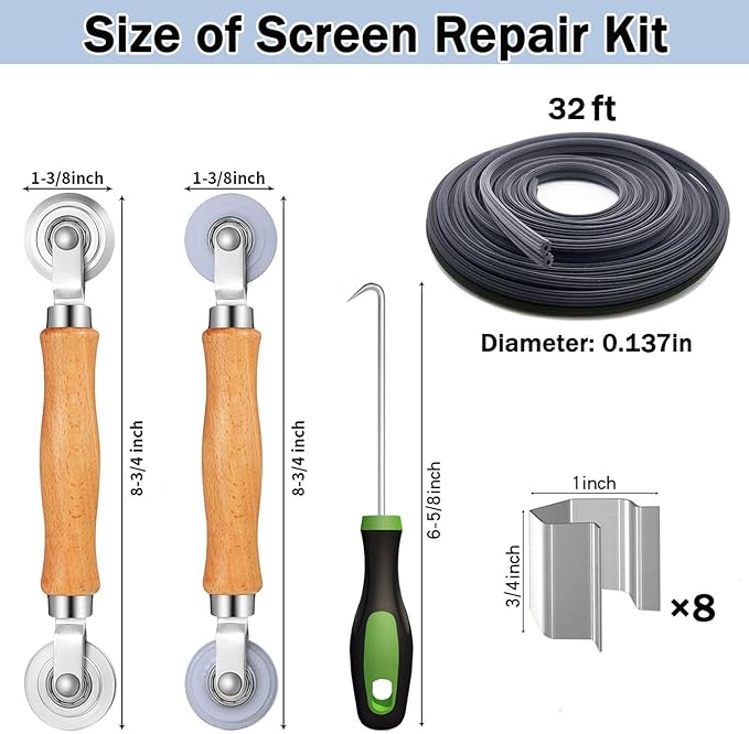 King&Charles Screen Repair Kit, Screen Roller Tool, Steel/Nylon Roller with Bear+8pcs Screen Clips+32ft Screen Spline+Removal Hook, 5 in 1 Window Screen Door Repair Kit,for Installing Door Window Mesh