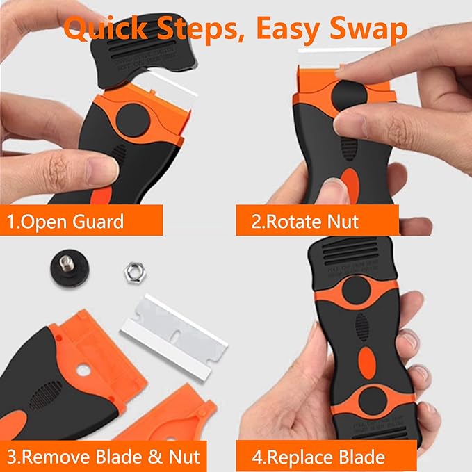 4 Pack Razor Blade Scraper Tool, Multi-Purpose Glass Scraper with 20 PCS Metal & Plastic Blades, Durable Cleaning Scraper for Windows, Stickers, Paint, Cooktops, and Adhesive Removal