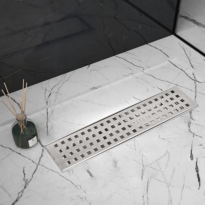 12 Inch Linear Shower Drain Brushed Nickel, Rectangular Shower Floor Drain Kit 304 Stainless Steel, Removable Grid Grate, Hair Catcher, Leveling Feet