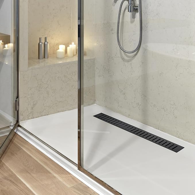 32 Inch Linear Shower Drain Bathroom Kitchen Matte Black Floor Drain Removable Capsule Pattern Cover Accessories Shower Drain 304 Stainless Steel Drain with Hair Strainer Adjustable Leveling Feet