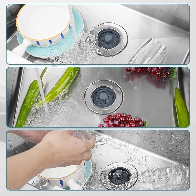 Hibbent 2 Pack 3 in 1 Kitchen Sink Drain Strainer, Stainless Steel Wrapped Shell Drain Stopper Combo, Pop Up Sink Stopper, Anti-Clogging Basket Strainer with Handle for US Standard 3-1/2" Drain