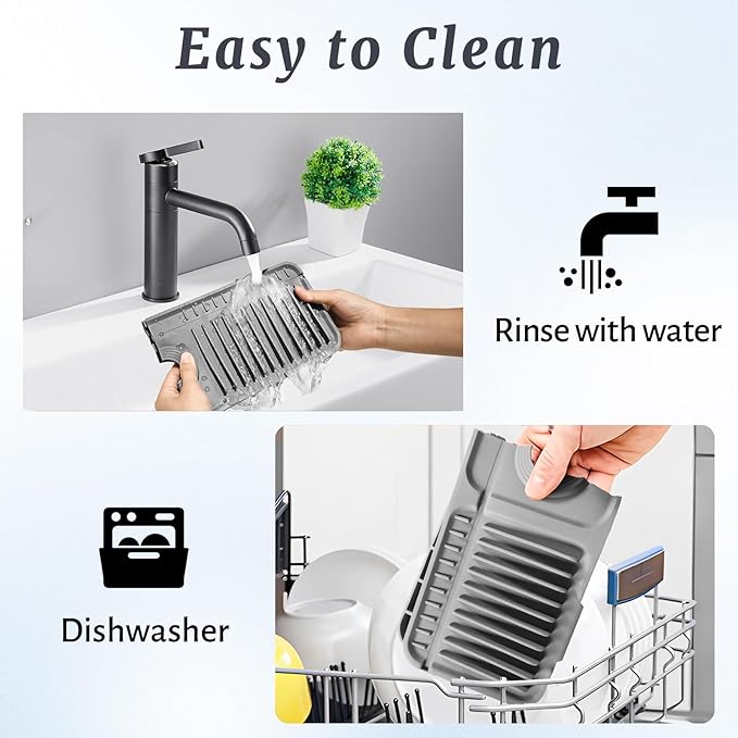 PoYang 17.7 inch Faucet Mat for Kitchen Sink Splash Guard, 7° Slope Silicone Sink Water Splash Guard for Kitchen Sink Area with Snap Button, Long Sink Protectors for kitchen Sink Sponge Holder, Grey