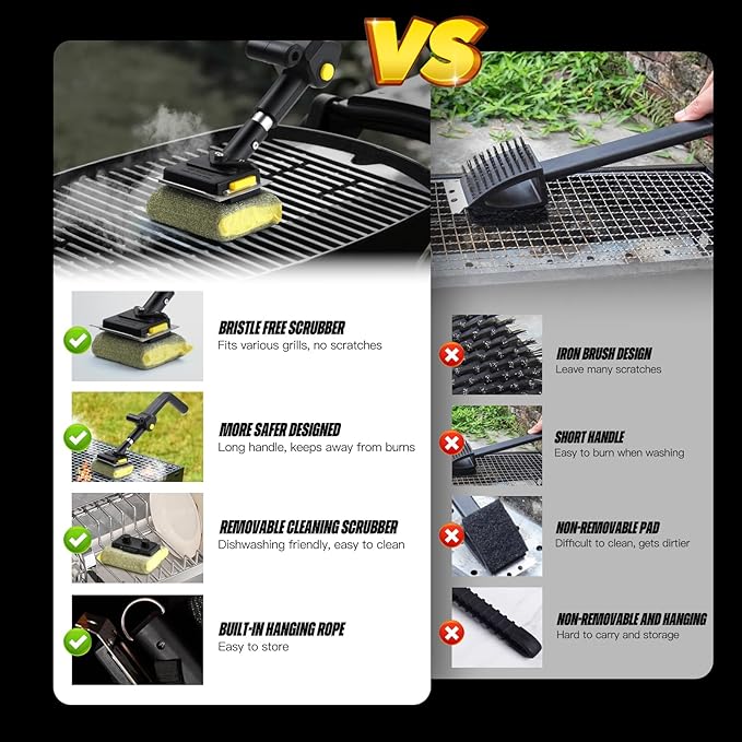 Folding Bristle Free Outdoor Grill Brush for BBQ Collapsible Design for Easy Storage Heavy Duty with Scraber & 3 Sponge Steam Brush Head Grill Cleaning Tool for Camping Tailgating Indoor Daddy Gift