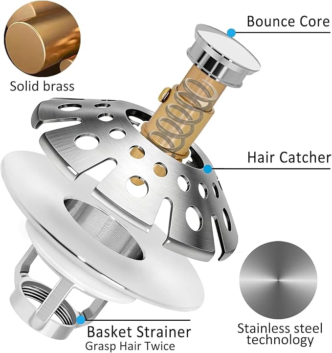 AzWzz Bathroom Sink Drain Strainer, 3 in 1 Pop Up Bathroom Sink Stopper Plug with Hair Catcher Cover, Universal for 1.06 in to 1.6 in Sink Drain, Brushed Nickel