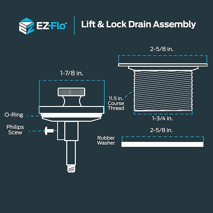 EZ-FLO Lift-n-Turn Bath Drain Assembly Kit, 1-1/2 in. x 11.5 Coarse Thread, 2-7/8 in. OD Flange, 5/16 in. Tapped Zinc Body, Chrome Plated, 35233