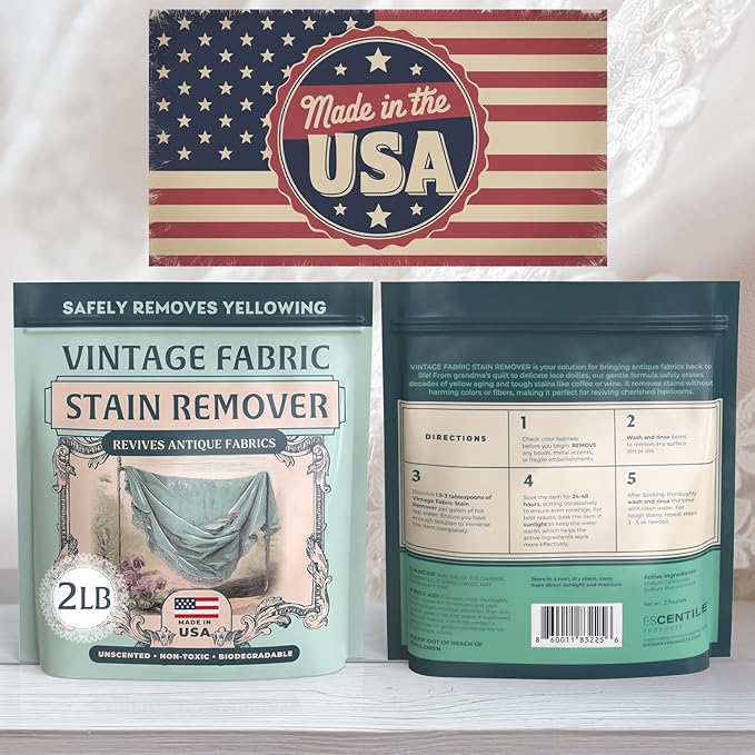 Vintage Fabric Stain Remover - Safely Cleans Retro & Antique Textiles - Made in the USA - Gently Removes Yellowing & Tough Stains From Vintage Linens, Quilts, Dresses, Doilies 32 Ounce (Pack of 1)