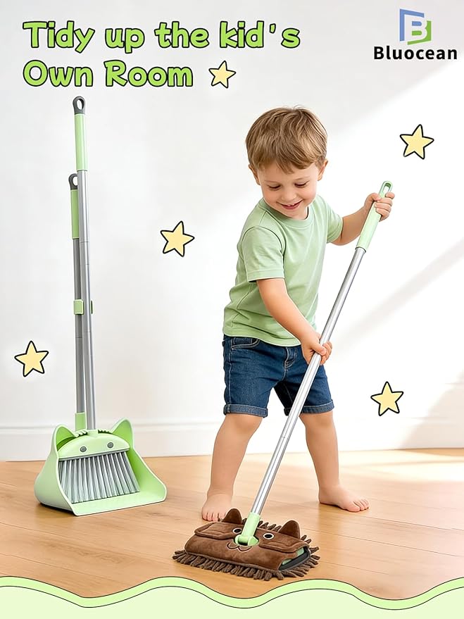 28'' Kids Mini Broom with Dustpan & Mop Set - Toddler Cleaning Toy, Toddler Household Helper, Parent-Child Interactive Play Cleaning Tool, Cute Cartoon Design, Small Safe Corner Broom (Green Sprout)