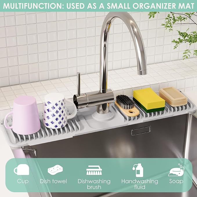 24 Inch Silicone Faucet Mat for Kitchen Sink Splash Guard - 7Β° Slope Water Draining Mat With Fasten Button for Bathroom Area (Gray, 24''x5.5'')