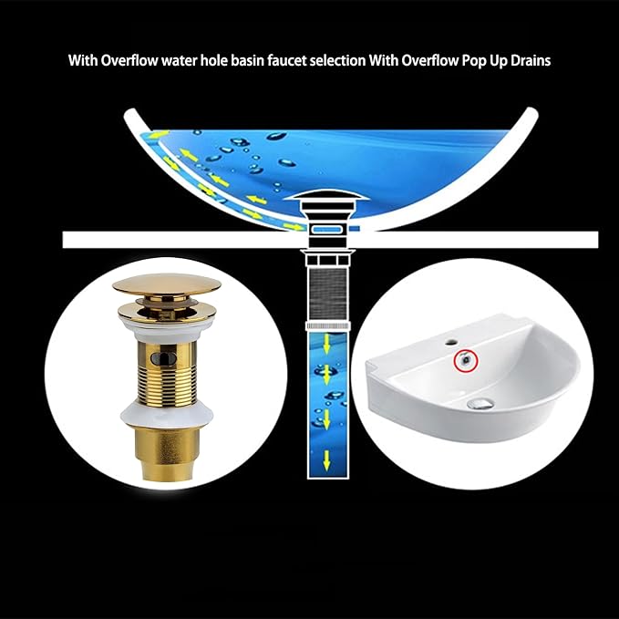 Bathroom Sink Drain, Gold Drain Stopper Bathroom Sink with Overflow,Pop Up Drain Assembly with Detachable Strainer Basket,Built-in Anti-Clogging Strainer,Stainless Steel