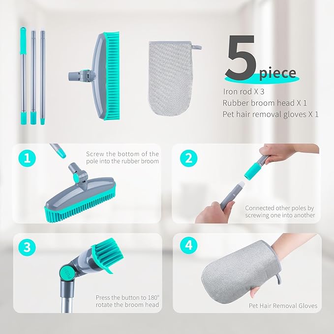 Rubber Broom Carpet Rake for Pet Hair Remover, Fur Remover Broom with Squeegee, Portable Detailing Lint Remover Brush, Pet Hair Removal Tool for Fluff Carpet, Hardwood Floor, Tile, Window (Grey&Blue)