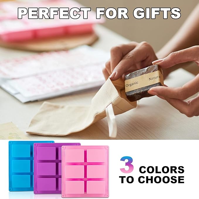 3 Pack Silicone Soap Molds, 6 Cavities Rectangle Silicone Mold, Great for Homemade Craft Soap Mold, Chocolate, Cake Molds & Ice Cube Tray - Just Pop Out(Pink & Blue & Purple)