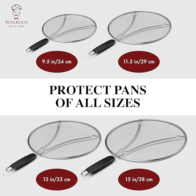 BergKoch Splatter Screen for Frying Pan - 9.5/11.5/13 Inch Stainless Steel Grease Splatter Guard (Set of 3) - Cover Oil Splash when Sizzling Bacon, Cooking Fried Chicken or Popcorn