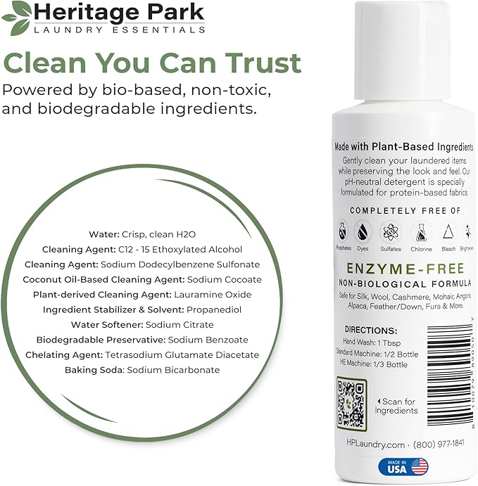 Heritage Park Silk & Wool Fragrance Free, Hypoallergenic, pH-Neutral Laundry Detergent - Dermatologist-tested, Sensitive Skin-Friendly, Enzymes-Free, Ultra Concentrated (4 Fl Oz)
