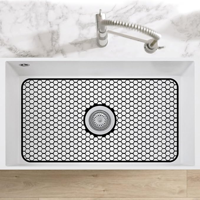 Silicone Sink Mat - 24.8''x13'' Sink Protector for Kitchen Sink with Center Drain - Kitchen Grid Accessory, Non-slip Heat Resistant Mat for Bottom of Farmhouse Stainless Steel (Center Hole)