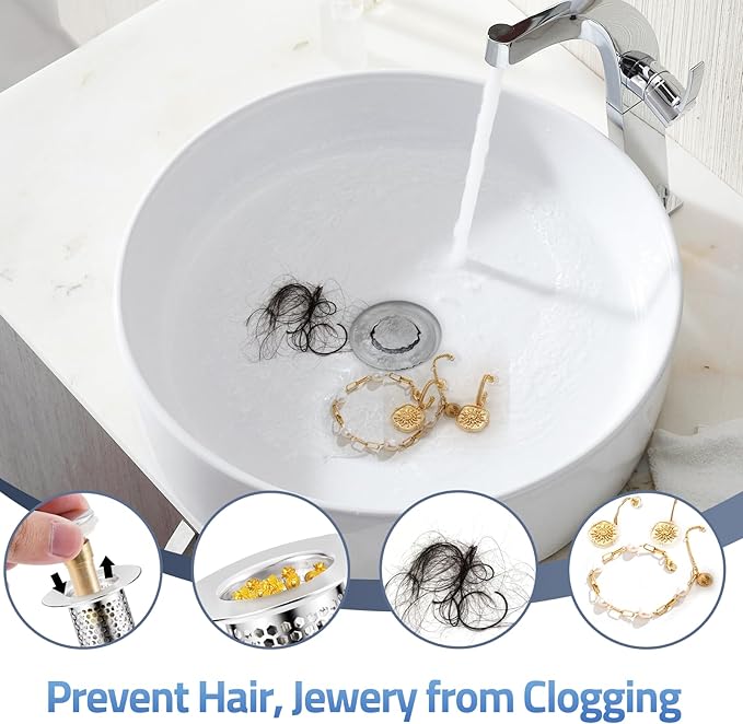 Bathroom Sink Drain Stoppers with Hair Catcher for 1.15-1.3 in,Universal Pop Up Filter Stainless Steel Sink Drain Stopper Anteecana