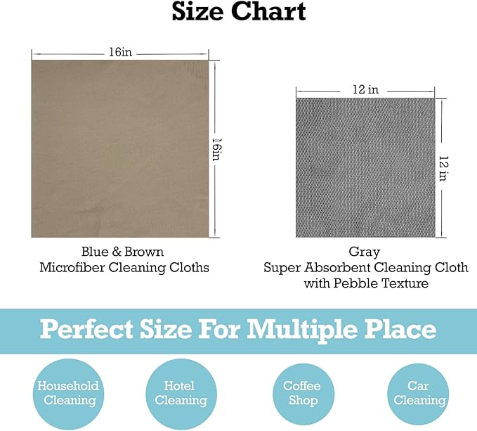Lint-Free Streak-Free Glass Cleaning Cloth 3-Pack - Microfiber Towels Polish & Scrub with Only Water for Windows, Cars, Mirrors - Blue, Brown, Gray
