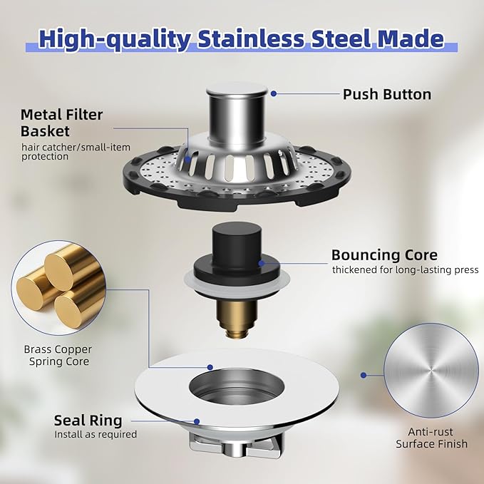 Universal Bathtub Drain Stopper Shower Drain Hair Catcher, Tub Stopper with Visible Top Strainer, Upgraded 3 in 1 Pop-up Drain Plug Fit for 1.5 to 2.4" Hole, Stainless Steel Filter Basket, Chrome