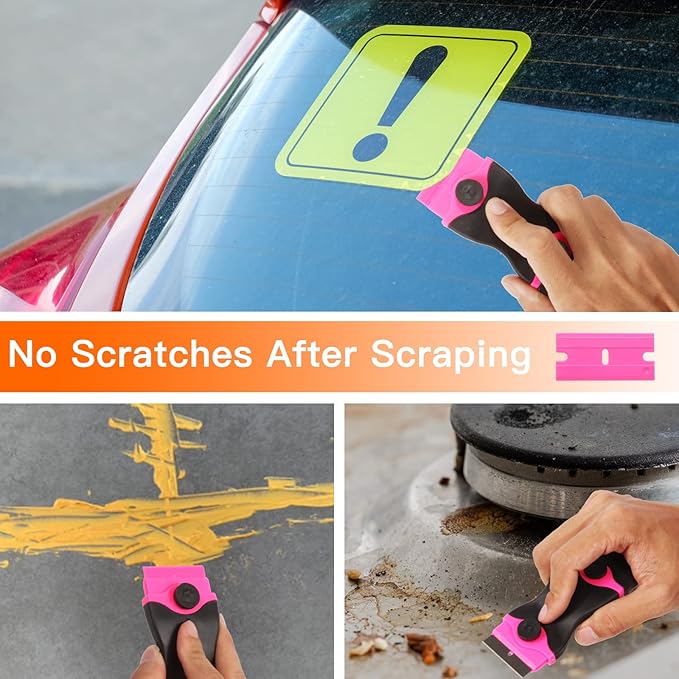 Razor Blade Scraper Tool, Cleaning Scraper Tool with 20Pcs Metal & Plastic Razor Blades, Multi-Purpose Razor Glass Scraper for Windows,Decals,Stickers,Labels,Adhesive,Cooktop,Paint Removal, Pink