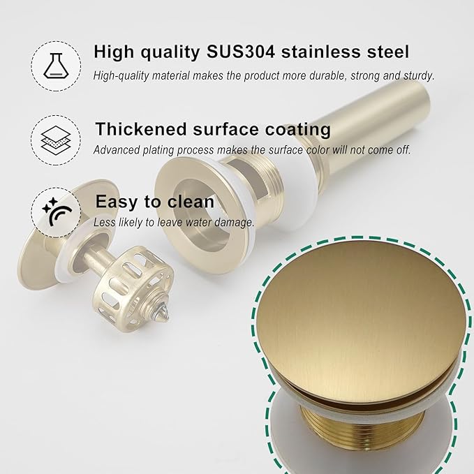 VOTON Bathroom Vessel Sink Pop Up Drain Without Overflow Assembly, Lavatory Vanity Sink Drain Stopper, Anti-Clogging Drain Strainer, Brushed Gold